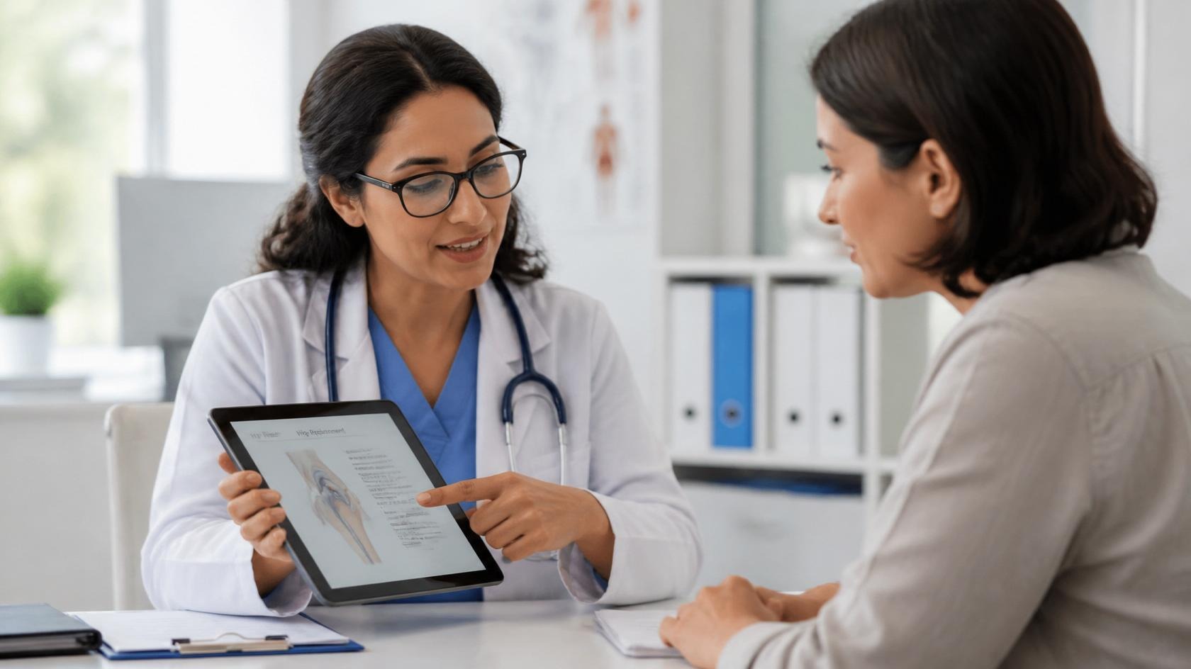 A professional medical consultation in a modern clinic where a female doctor wearing a white coat and stethoscope shows reproductive health data on a tablet screen to a patient.