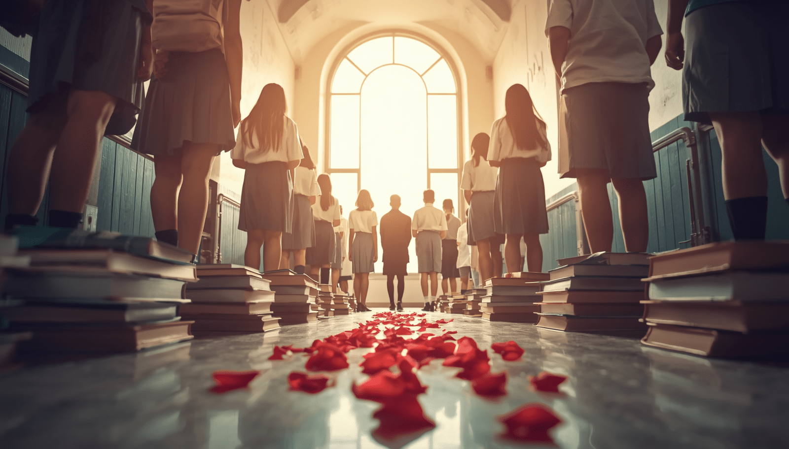 Students standing in a sunlit school hallway on stacks of books with red rose petals on the floor, symbolizing the fight against period poverty and the drive for menstrual equity in education.